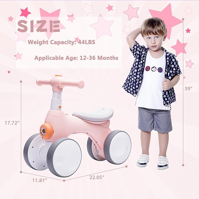 Baby Balance Bike 1 Year Old with Music, Lights, Bubble Machine, 4 Wheels Pedal-Less Toddler Ride on Toys for 12-36 Months Birthday Gift, Toddler boy Toys Ride on car (Pink&Yellow)