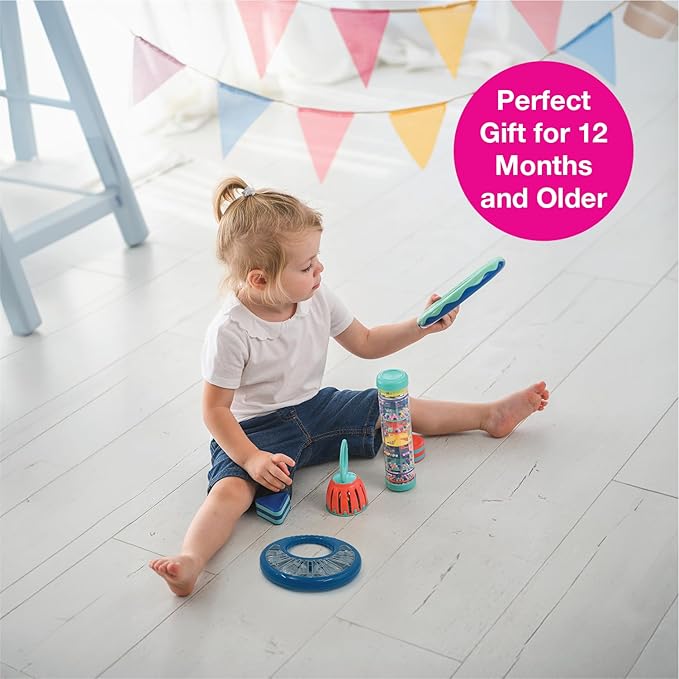 Edushape Classic Tambourine for Kids, Blue - Percussion Musical Instrument Baby Tambourine for Toddlers 1-3, Kids Tambourine Fun Tummy Time, Fine Motor, Auditory and Visual Sensory Development