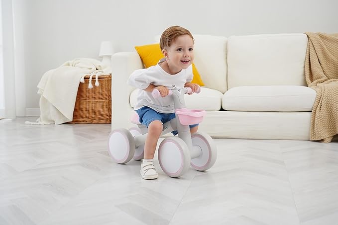 Kid's Balance Bikes for 1 Year Old Boys and Girls, 12-36 Months Toddler Ride-on with Adjustable Seat and a Front Basket, First Birthday Gifts (Pink)