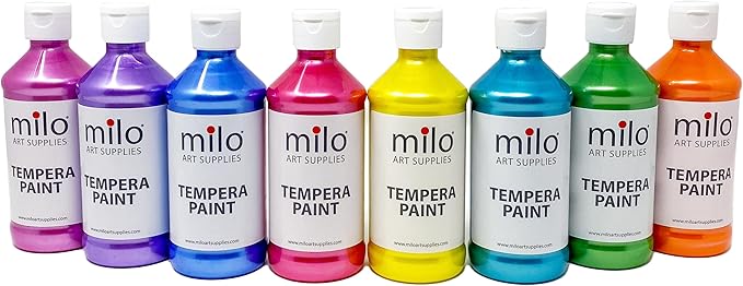 milo Washable Paint for Kids | Sparkle Pearlescent Tempera | Set of 8 Colors 8 oz Bottles | Made in the USA | Washable and Non-Toxic Glitter Art & Craft Poster Paints for Children, Toddlers, Classroom, School, Project