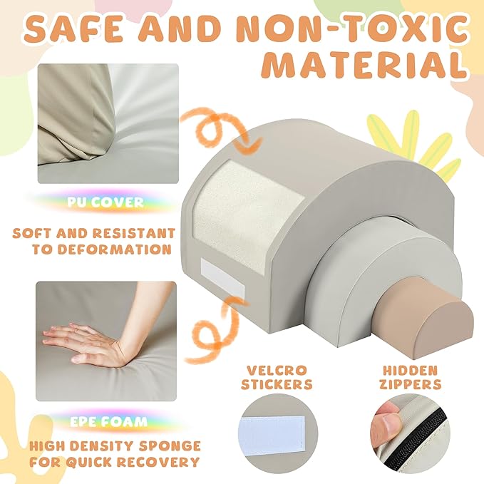 Merax Rainbow Soft Play Set, Soft Climbing Toys for Toddlers with Foldable Slide, Indoor Baby Soft Foam Blocks for Climbing and Crawling, 5-Piece, Cappuccino