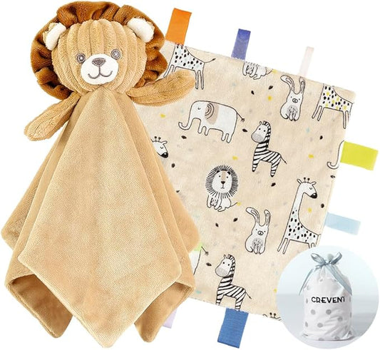 CREVENT Cozy Plush Baby Security Blanket, Loveys for Baby Girls and Boys, Birthday (Lion + Tag)