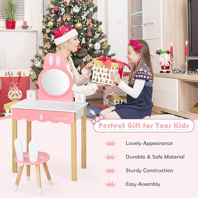 HONEY JOY Kids Vanity, Rabbit Themed Wooden Pretend Play Vanity Set, Toddler Makeup Vanity Table & Chair Set, Removable Holders & Drawer, Princess Little Girls Vanity Set with Mirror and Stool(White)