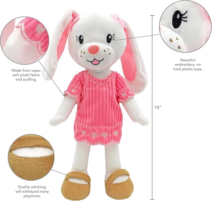 Playtime by Eimmie Soft Baby Doll Brie The Bunny - 14" Pink Bunny Plush Rag Doll with Embroidered Features for Girls, Boys, Toddlers & Infants - Educational Stuffed Animal for Imaginative Play