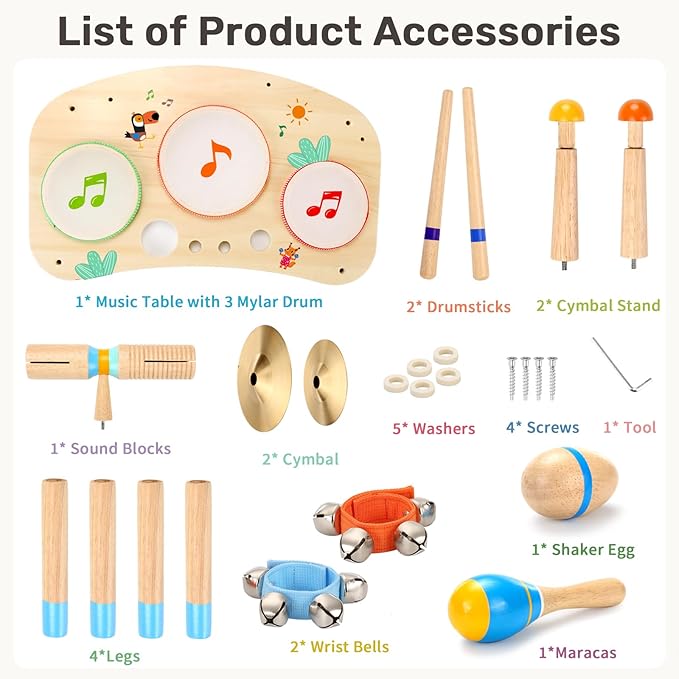 WINGYZ 11-in-1 Kids Drum Set – Montessori Baby Musical Toys & Wooden Musical Instruments for Toddlers 1-3, Music Table with Bongo Drums, Cymbals, Maracas & Wrist Bells for Early Rhythm Play