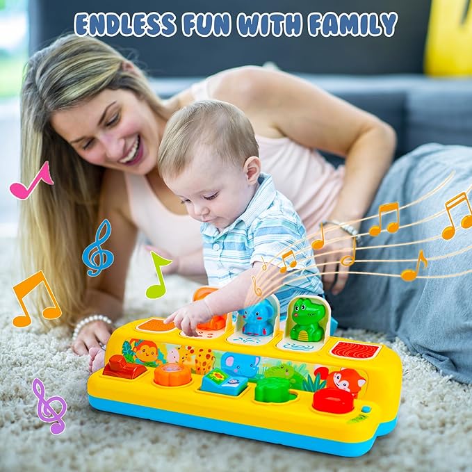 Interactive Pop up Animal Toys with Music & Light, Montessori Cause and Effect Toys for 1 Year Old Boy Girl Early Learning Musical Baby Toy 9-12-18 Months STEM Toddler Toy Age 1-2 Gift for Infant