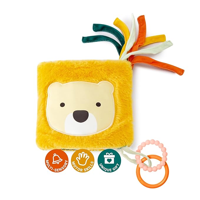 Little Big Friends Soft Crinkle Activity Book for Babies | 2-in-1 Sensory Cloth Book with Mirror, Teething Ring & Textures | Crib Toy for Infants & Toddlers | Attaches Easily | Jungle Theme