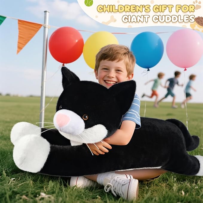 43 inch Black and White Cat Stuffed Animal, Lifelike Tuxedo Cat Plush Toy for Stress Relief & Companion, Extra Soft Giant Stuffed Animals, Giant Plushies Gifts for Kids Adults