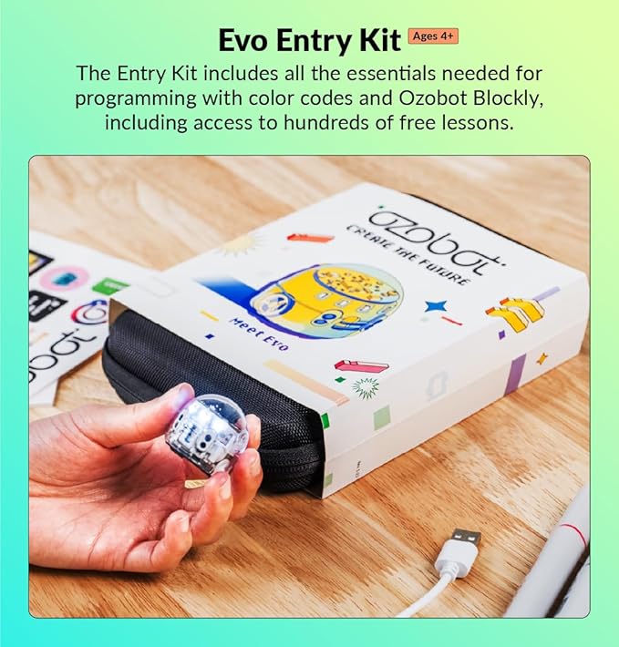 Ozobot Evo Entry Kit, Interactive Coding Robot, Kids Ages 5+, Includes Color Code Markers, Charging Cable, Zip Case, Access to 700+ STEM Lessons, Educators & Parents, No Coding Experience Required