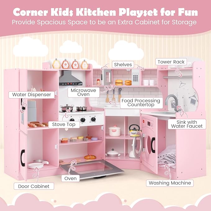 MAT EXPERT Kitchen Playset, Corner Kids Kitchen Playset with Ice Make, Washing Machine, Microwave, Sink, Range Hood, Toy Kitchen, Wooden Play Kitchen for Toddler, Gift for Boys Girls (Pink)