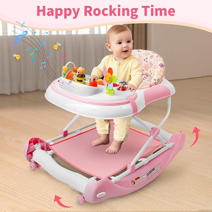 5 in 1 Baby Walker, Music and Lights Walker for Baby Boy Girls 6-12 Months, Foldable Baby Walkers with Wheels and Bouncer Combo Portable, Toddler Infant Walker with Adjustable Height