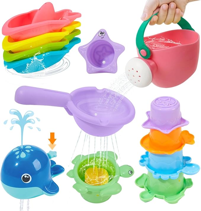 Mold Free Bath Toys, 11PCS | Safe Easy Clean & Fun Floating Boats & Spoon & Watering Can and Whale Bath Toy for Babies 12+ Months | Colorful Bathtub Pool Water Table Sand Toys for Babies and Toddlers