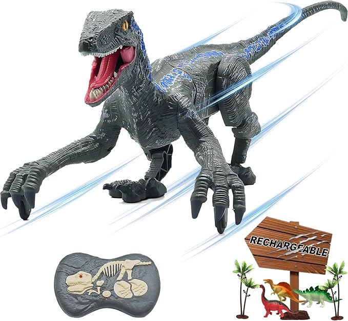 Remote Control Dinosaur Toys for Boys Kids Girls 3 4 5 6 7 8 Electronic RC Robot Toy Walking Roaring Velociraptor Realistic 18.1" Jurassic Dino Rechargeable Raptor Blue Birthday Gift