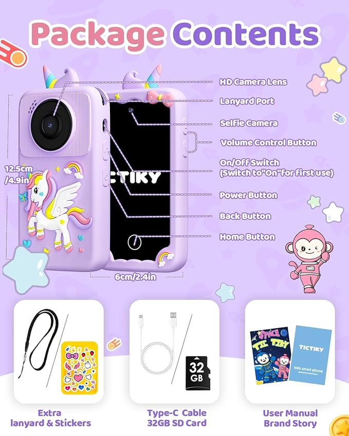 Kids Smart Phone Camera, Christmas Birthday Gifts for Toddler Girls Age 3-10, Kids Toys Unicorn Cell Phone, Preschool Learning Educational Toys with Audio Books, Musics, Games 32G SD Card