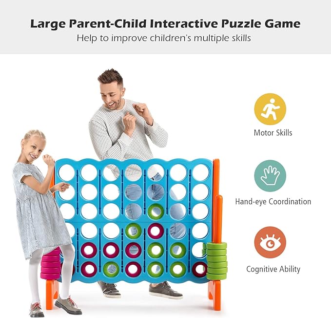 COSTWAY Jumbo 4-to-Score Giant Game Set, 4 in A Row for Kids and Adults, 3.5FT Tall Indoor, Outdoor Set with 42 Jumbo Rings & Quick-Release Slider, Ideal for Holiday Party, Family, Baby Blue