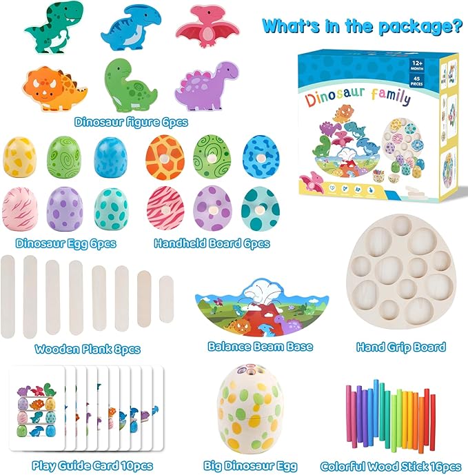 Aliex 4 in 1 Montessori Dinosaur Toys 12+ Months Boys Girls, Wooden Blocks Stacking Balance Toys Stick Color Sorting Egg Puzzles Matching Game,Preschool Education Learning Gift for Toddlers 1 2 3 4