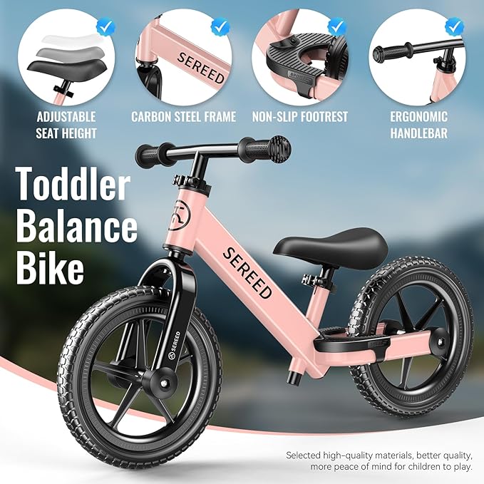 SEREED Toddler Balance Bike 2 Year Old, No Pedal Kids Bicycle Toys for 2-5 Years Old, Tool-Free Adjustment, Customize Plate with Stickers, Gift for 2-3 Boys Girls (Pink)