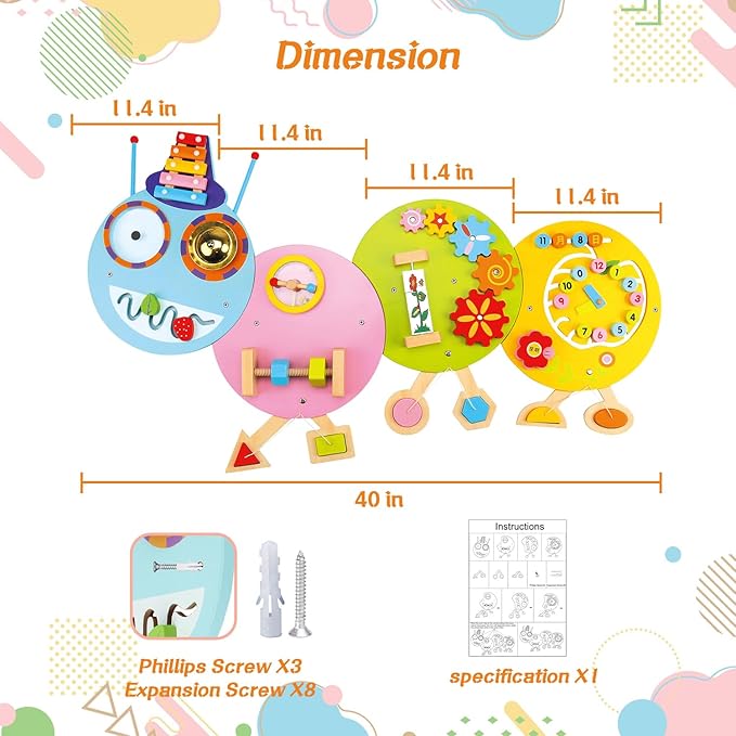 Dollox Caterpillar Activity Wooden Wall Panels, Toddler Sensory Wall Panels Toy Busy Board Interactive Educational Toys, Montessori Wall Decor Preschool Toy for Daycares Activity Center Livingroom