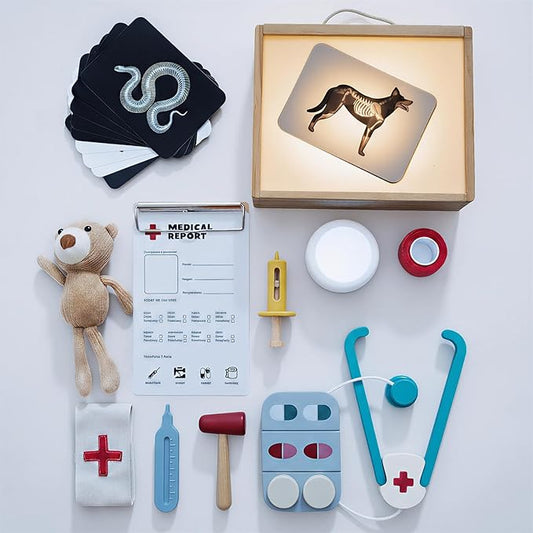 Doctor Kit for Toddlers 3-5, Pet Vet Pretend Play Toys for Kids, with X-Ray, Wooden Light Box, Medical Tools, STEM Educational Montessori Toys