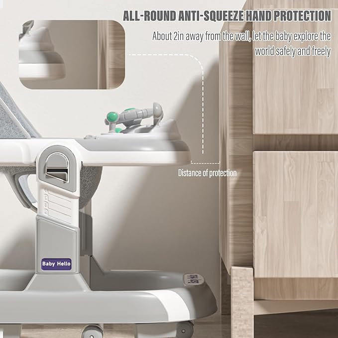 3-in-1 Foldable Baby Walker: Music Car-Themed Activity Center, Walker with Wheels, Walker and Bouncer Combo with Foot Mat, Anti-Tip and Sheds Design for Infant Boys & Girls 6-18 Months (Grey)