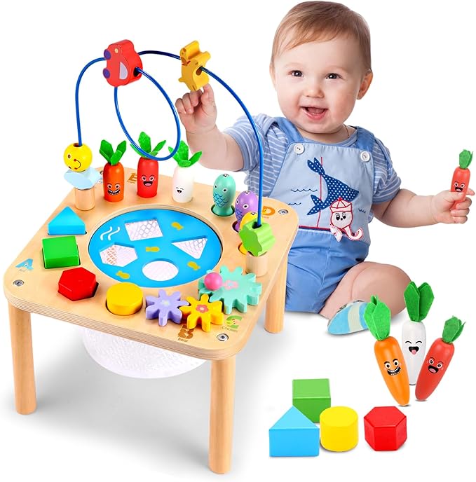 wingyz Activity Table, 6 in 1 Wooden Montessori Activity Center with Bead Maze Shape Sorter Fishing Game, Kids Sensory Play Table Toddler Toys 1st Birthday Gifts Boy Girl
