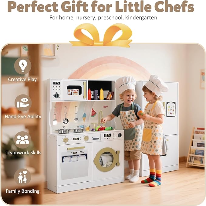 Play Kitchen Sets for Kids, Pretend Wooden Kids Kitchen Playset, Interactive Toy Kitchen with Freezer, Washing Machine, Ice Maker & Large Storage Space, for Boys Girls Ages 3+, Pink