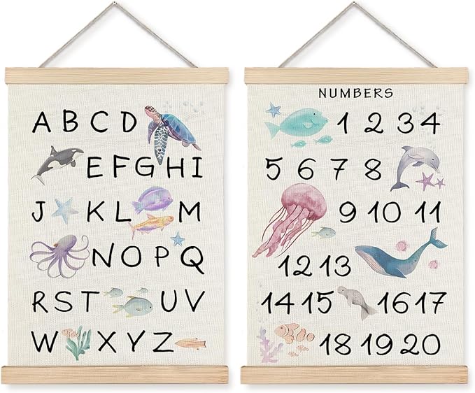 Supwhd Ocean Nursery Decor, Alphabet Numbers Ocean Animals Poster Hanger Frame, Sea Animals ABC 123 Educational Wall Decor for Nursery Kids Room Playroom Classroom Homeschool, 16x24 Set of 2