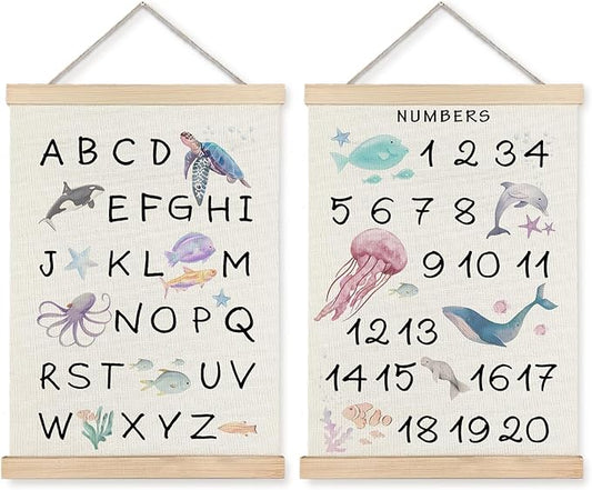 Supwhd Ocean Nursery Decor, Alphabet Numbers Ocean Animals Poster Hanger Frame, Sea Animals ABC 123 Educational Wall Decor for Nursery Kids Room Playroom Classroom Homeschool, 16x24 Set of 2