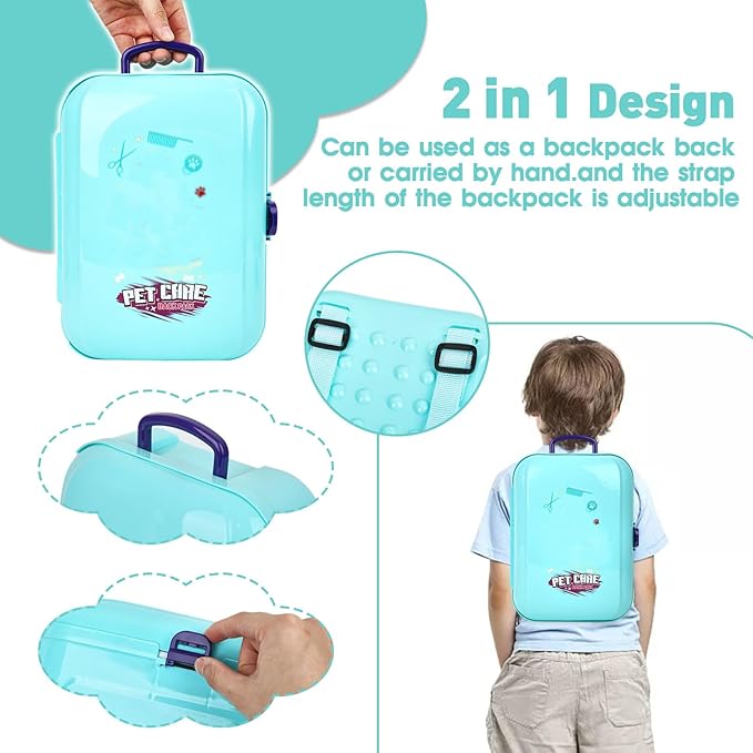 Pet Care Play Set for Kids, 16Pcs Doctor Kit Pretend Play Vet Puppy Dog Grooming & Feeding Toys with Backpack, Educational Toys for Girls and Boys 3-7 Years Old