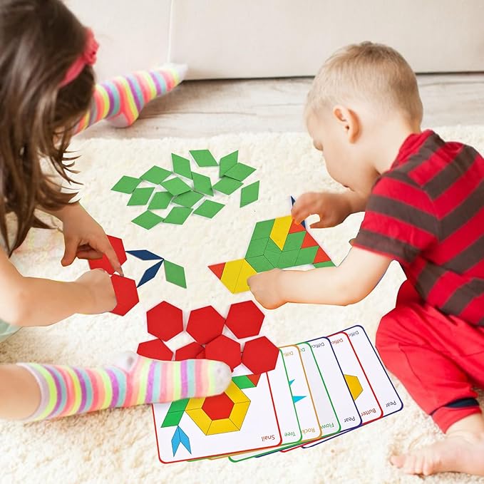 LovesTown Wooden Pattern Blocks Set for Kids, Geometric Shapes with Learning Cards, 150 PCS Educational Puzzle Toy