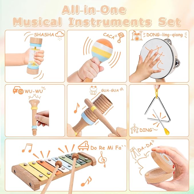 Baby Musical Instruments for Toddlers 1-3, 8PCS Montessori Musical Toy Set with Xylophone, Drum, Maracas...Perfect Toy Gift for 1-3 Year Old Boy Girl