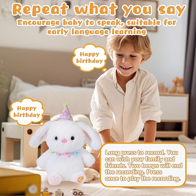 Happy Birthday Interactive Bunny, Clapping Activates Singing Dancing Shaking, Musical Birthday Stuffed Animal Recording Mimicking Toy, Cute Bunny Plush Gifts for Kids Girls Boys