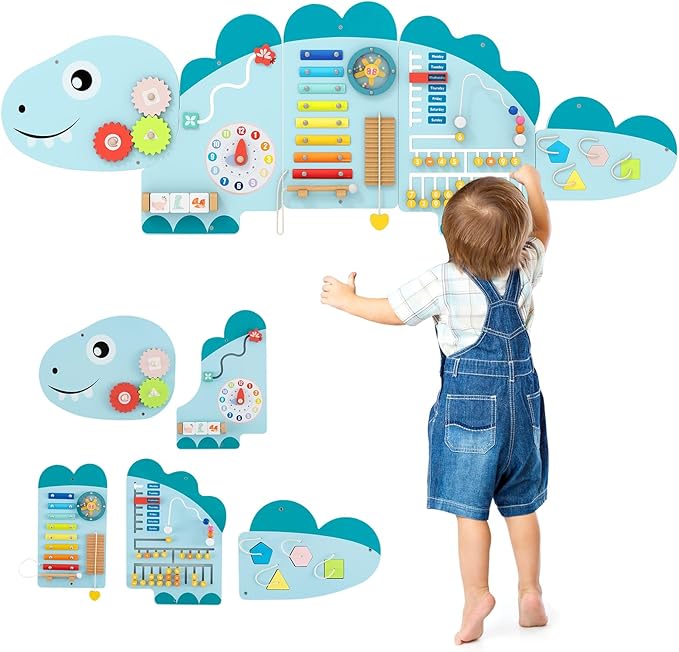 HONEY JOY Dinosaur Activity Wall Busy Board Panels, 11-in-1 Wooden Sensory Wall Panel for Kids, Toddler Learning Activity Center, Ideal for Playroom Daycare Nursery Classroom Dentist Office (Blue)