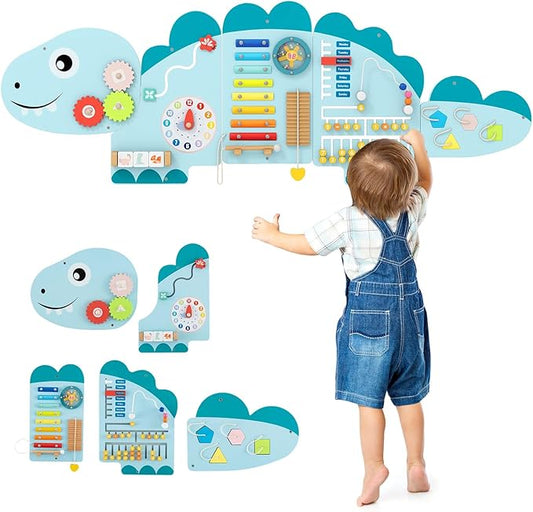 HONEY JOY Dinosaur Activity Wall Busy Board Panels, 11-in-1 Wooden Sensory Wall Panel for Kids, Toddler Learning Activity Center, Ideal for Playroom Daycare Nursery Classroom Dentist Office (Blue)