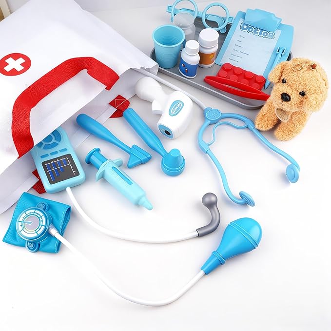Doctor Kit for Toddlers 3-5 - Doctor Toys for 3 4 Year Old Boys Girls, Pretend Play Medical Kit with Dog, Carrying Bag, Dress Up Costume, Stethoscope, Role Play Birthday for Kids 5 6 7