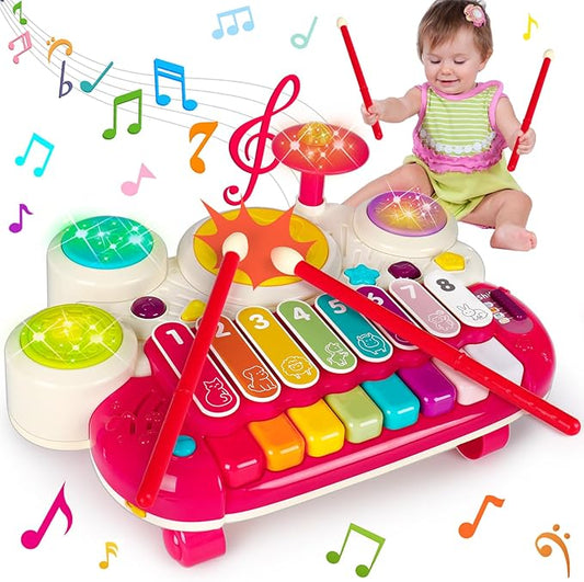 AugToy 3 in 1 Musical Toys for Toddlers 1-3 Piano Xylophone Drum Set Toys for 1 2 3 Year Old Girls Birthday Music Instruments Baby Learning Developmental Sensory Toys Toddler Toys Age 1-2 2-3
