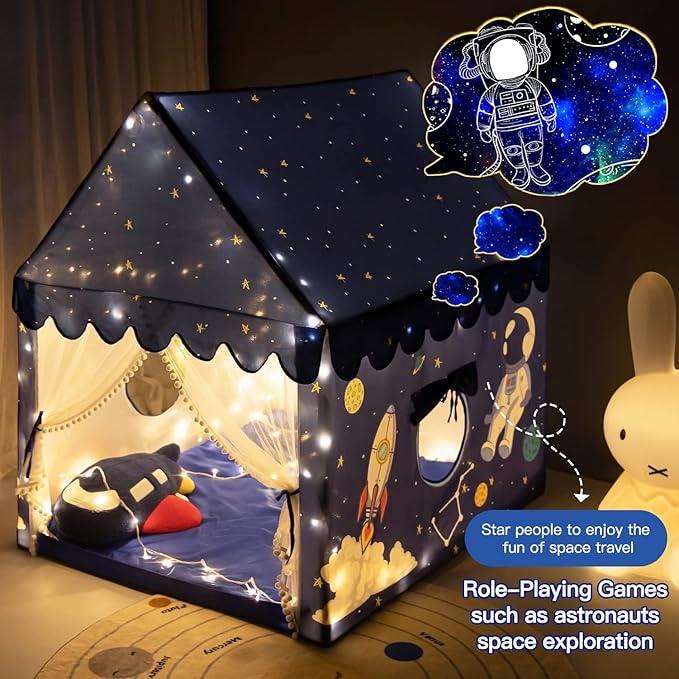 Kids Play Tent Playhouse Indoor Tent for Kids Boys Toddler, Large Castle Play House Bed Tents Spaceship Outer Space Rocket Blue, Kid Toys for Boy Girl Birthday, Christmas House Gift