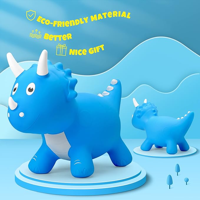 PlayZap Dinosaur Bouncy Horse Hopper, Bouncy Animals Hopper for Toddlers, Inflatable Jumping Ride on Dinosaur Triceratops Hopper, Kids Hopping Toys for 18M 2 3 Years Old Kids Boys Girls Gifts