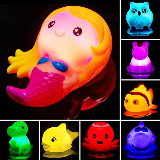Bath Toys for Toddlers Baby 8 Pack Light Up Toys - Bathtub Toy Flashing Colourful LED Light Shower Bathtime for Kids Infants Shark, Clown Fish, Owl, Unicorn, Octopus, Dolphin, Dinosaur Mermaid