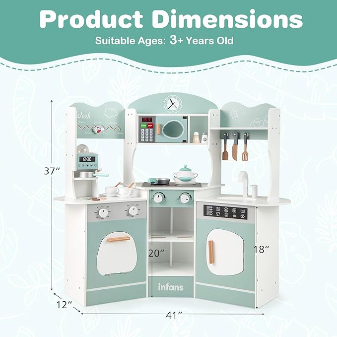 INFANS Corner Kids Kitchen Playset, Toddler Wooden Pretend Cooking Set with Lights Sounds Coffee Machine Washing Machine, Stove Removable Sink Storage Cabinet, Simulation Play Kitchen Toy (Blue)