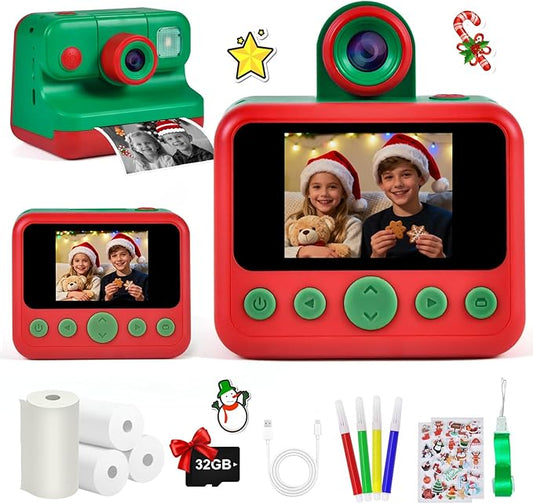 Kids Instant Print Camera, 30MP 1080P HD Digital Camera for Boys Girls with Color Pens & 32GB Card, Christmas Birthday Gifts Kids Toys for 3-12 Years Old (Red_Green)