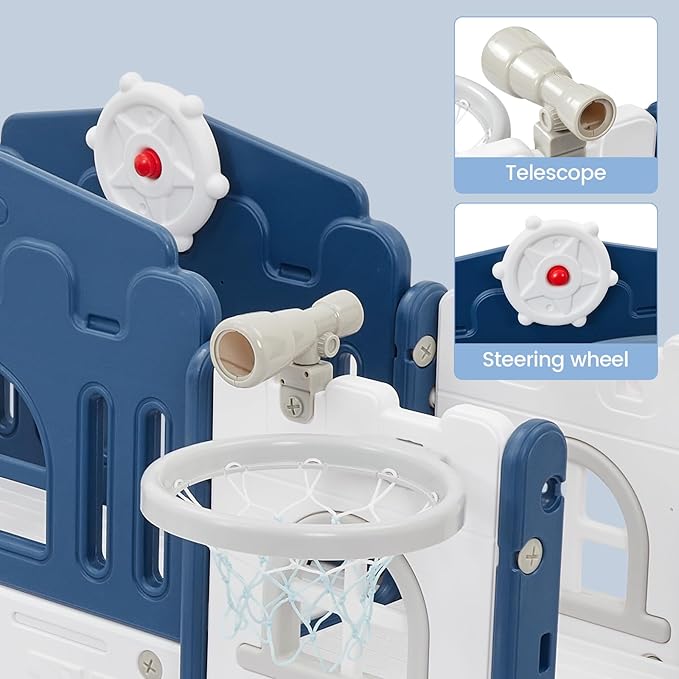 GAOMON 8 in 1 Toddler Slide Indoor Playground, Indoor Slide Toddler Playset for Toddlers 1-3, Kids Outdoor Playground with Basketball Hoop, Climber, Crawling Tunnel, Telescope, Toy Storage