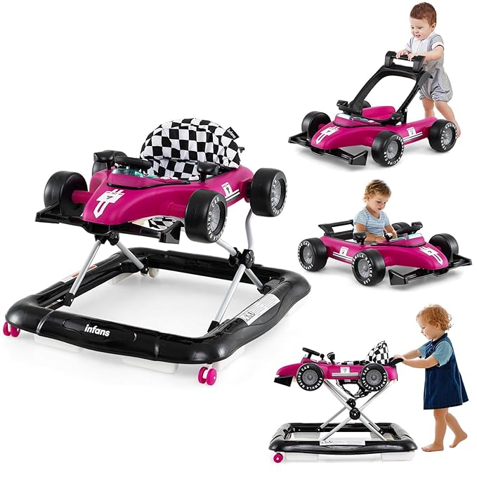 INFANS 4 in 1 Baby Walker, Foldable Toddler Activity Center with Adjustable Height, Padded Seat, Music, Light, Removable Tray, Push Walker for Girls Boys Aged 6-18 Months (Violet)