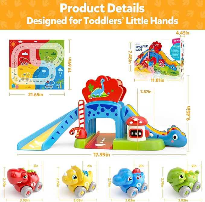 Toddler Toys for 1 2 Year Old Boy Gifts - Educational Dinosaur Slide Set with 4 Color/Number Push Cars and Playmat, Montessori Learning Toy for Baby 12-18 Months, 1st Birthday Present Ages 1-2, Red