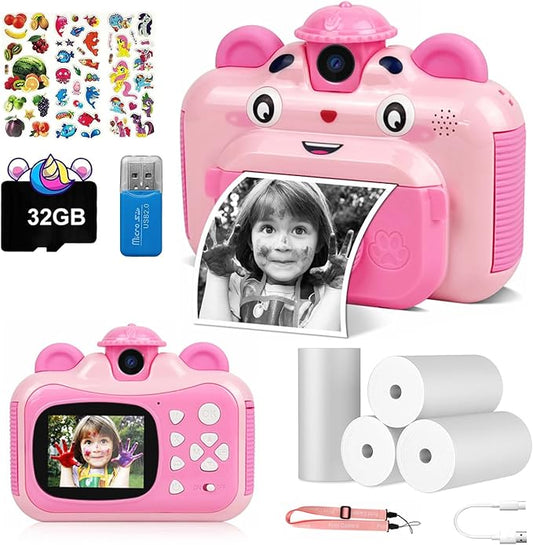 Instant Print Digital Camera for Kids, Toddler Camera, 20MP Selfie Video, Children's Toy, Christmas & Birthday Gift for 6-12 Year Old Girls & Boys, Pink
