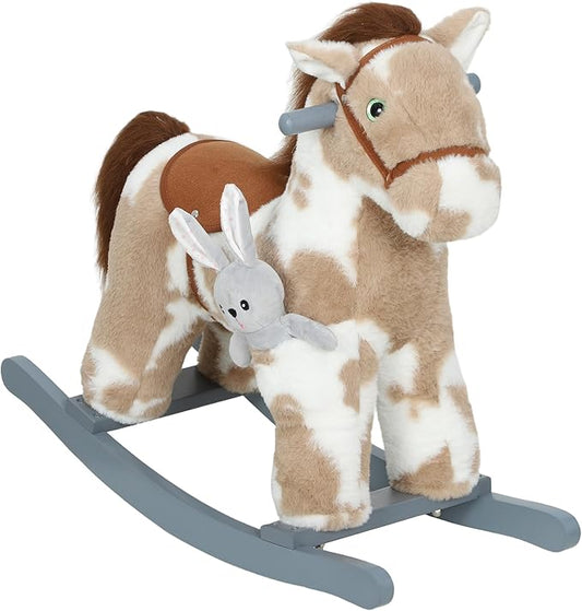 Qaba Rocking Horse, Kids Plush Animal Rocker with Realistic Neighing Sound for Toddlers 2–5 Years Old, Soft Filling Ride on Horse with Rabbit Toy, Light Brown