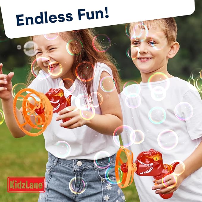 Kidzlane Dino Bubble Blower - Super Fun Handheld Bubble Blower Gun - Dinosaur Toy for Kids, Toddlers - Bubble Machine Turns into a Fan - for Parties, Easter Baskets, and Bathtime Fun - Ages 4-8