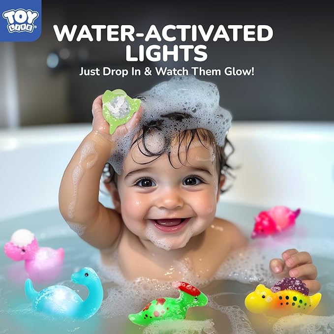 TOY Life 6 PCS Dinosaur Light Up Bath Toys for Kids Ages 4-8, No Hole Glow Bath Toys for Kids, Baby Toddler Bath-Time Christmas Birthday Gifts for Grandkids, Boys, Ideal for Shower, Bathtub, Pool