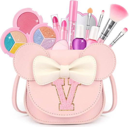 Kids Makeup Kit for Girls - 15 Pcs Real Washable Make Up Set - Non Toxic Toddlers Cosmetic with Letter Mouse Ear Purse - Dress up Birthday Gifts for 3 4 5 6 7 8 Years Old Girls - V