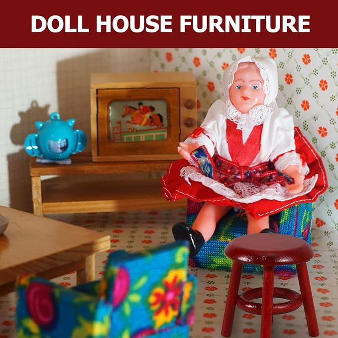 Totority Miniature Wooden Stool for Dollhouse Decor Tiny Furniture for Living Room Bedroom Study Retro Doll House Accessory